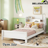 Bellemave® Pine Wood Bed with Bookcase Headboard ,LED Motion Sensor Light and Guardrails - Bellemave